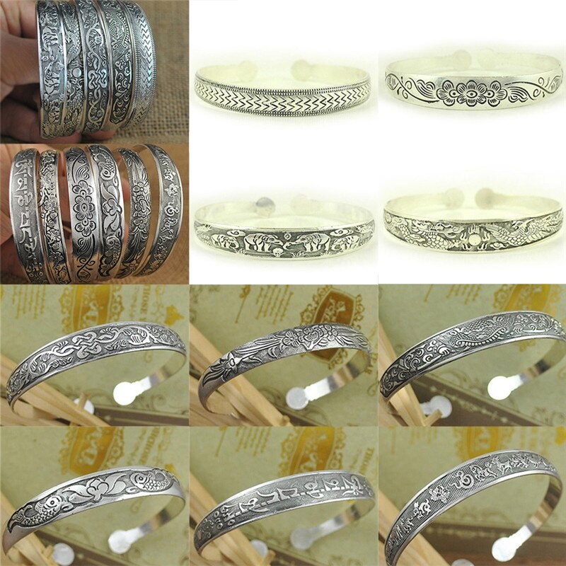 10 Stil Tibetische Tibet Silber Farbe Offene Armreif Ethnic Vintage Totem Manschette Armreif Schmuck für Frauen