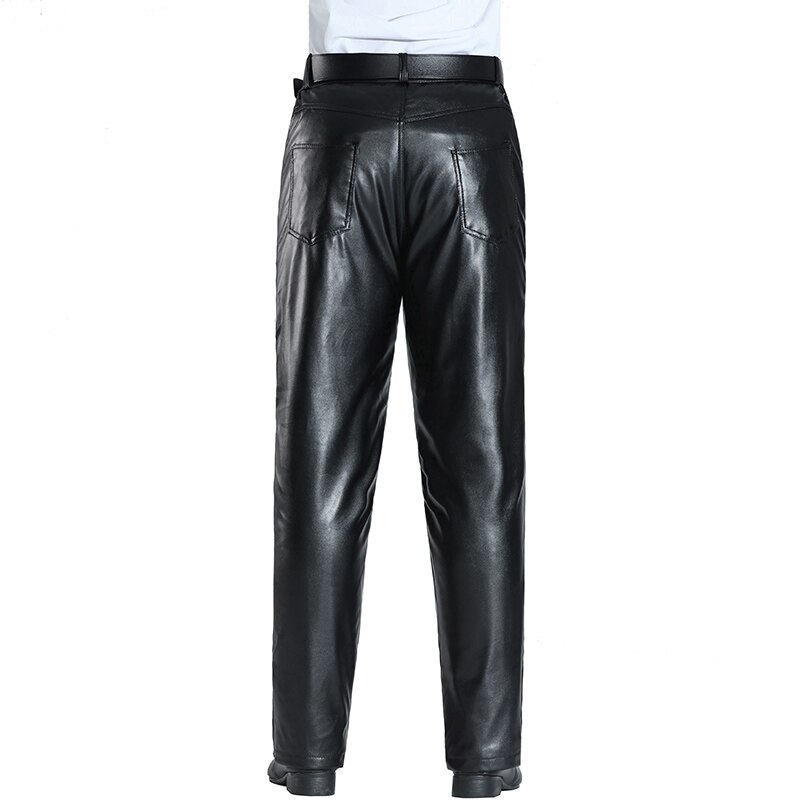 Thoshine skinnbyxor herr långbyxor casual man pu skinnbyxor med fleece varma höst vinterkläder