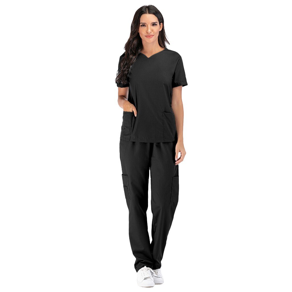 Protect Uniform Men & Women Traje Protector Short Sleeve V-neck Tops+pants Nursing Working Uniform Set Suit Protection: Black / D