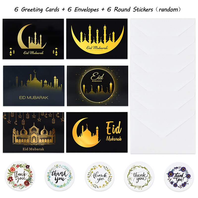 Tarjetas de Felicitación de papel Eid Mubarak con pegatina de sobre, carta de invitación, papel musulmán para de Ramadán, suministros escolares de oficina, 6 piezas: B07