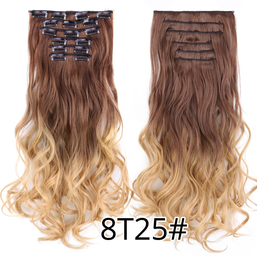 Leeons 16 clip in hair extensions hårtilbehør langt krøllet hår extension clip syntetisk varmebestandig fiber ombre farve: 8 t 25