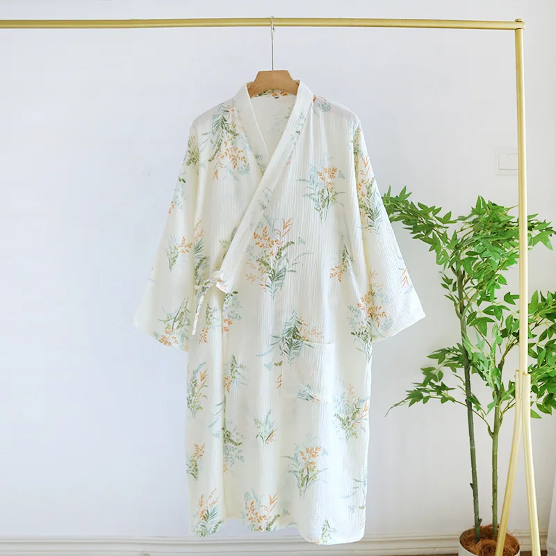 Katoenen Bamboe Bedrukte Nachtkleding Badjassen Voor Dames Lente En Zomer Dubbellaags Dunne Huiskleding Pyjama Gewaden: L / Sky Blue