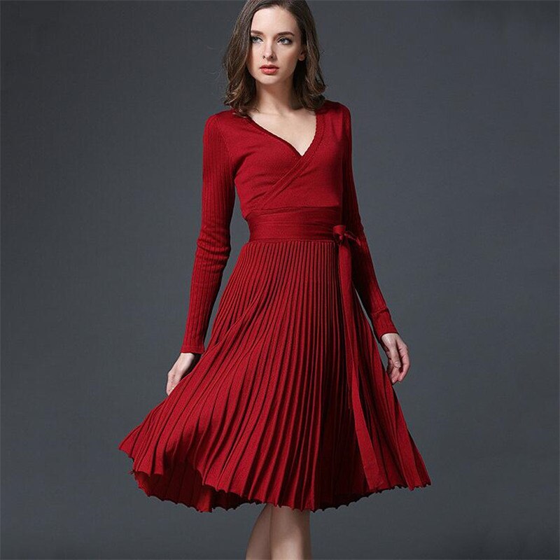 Women v neck pleated wrap a-line knitted dress bow tie sashes long sleeve female Autumn Spring mid calf vestidos B