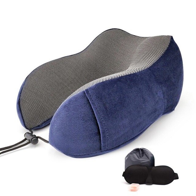 Travel Pillow Memory Foam Neck and Cervical Pillow for Airplane Car Office Napping Pillows U Shape Flight Head Chin Support Cush: Deep Blue Set