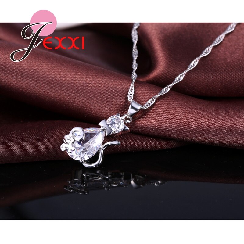 925 Sterling Silver Sweet Cat Shape Women Necklace Earrings Jewelry Set With Crystal Nice Party Wedding