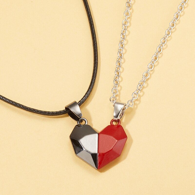 2Pcs Minimalist Lovers Matching Friendship Heart Pendant Couple Magnetic Distance Faceted Heart Pendant Necklace Jewelry