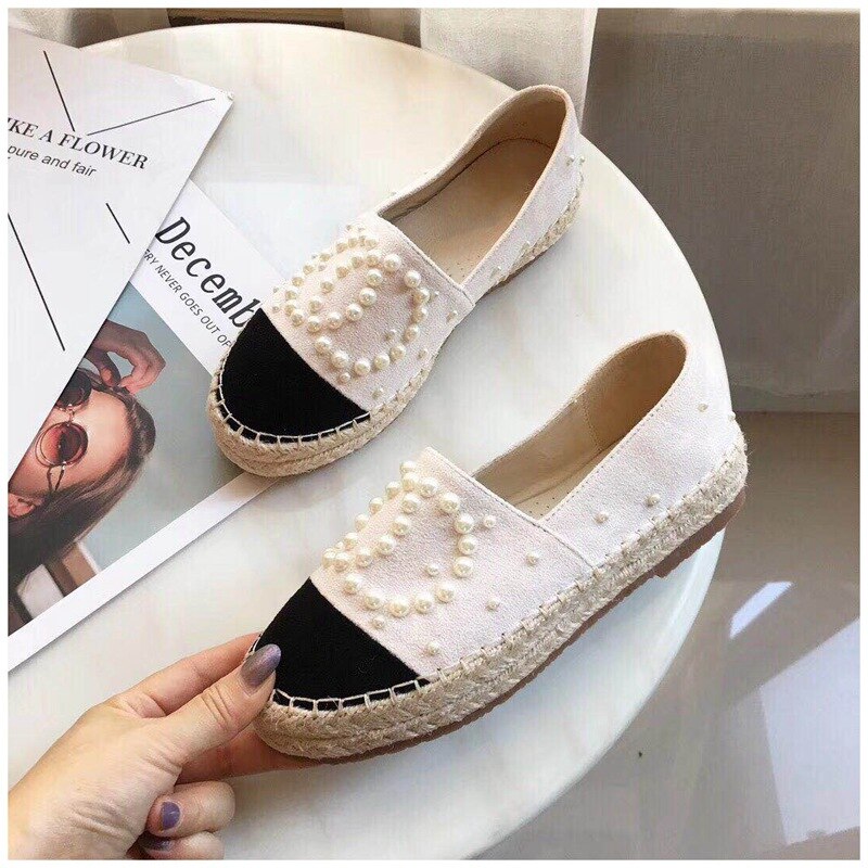 Dames platte schoenen parel loafers riet hennep stro visser platte hak schoenen ronde neus instappers casual schoenen schoenen: Wit / 6