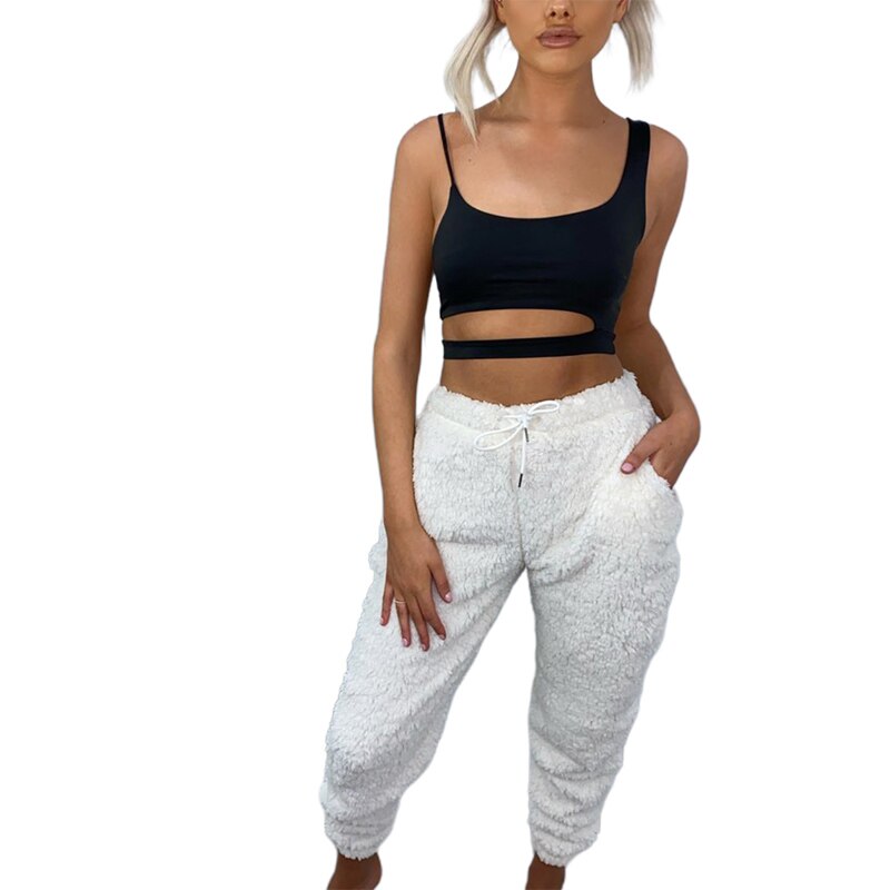 Pantalon pyjama à la cheville pour femmes, poches chaudes, couleur unie, cordon de serrage, taille naturelle, polaire