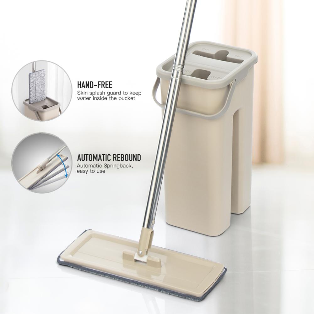 Flat Squeeze Mop and Bucket Hand Free Wring Floor Clean Mop Microfiber Mop Pads Wet or Dry Usage on Hardwood Laminate Tile