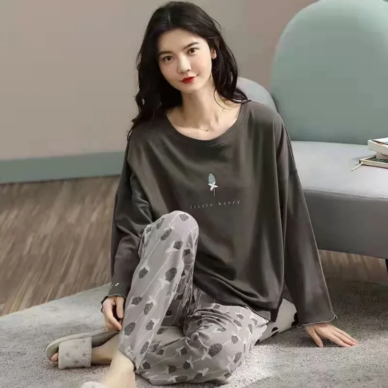 Kvinders pyjamas forår og efterår langærmet efterår og vinter hjemmetøj plus size enkelt løstsiddende jakkesæt overtøj