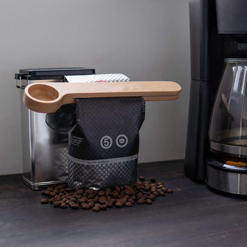 Cuillère à café en bois 2 en 1, 5 pièces, cuillère à mesurer avec pince à sachet, scelleuse cuillère à mesurer pour haricots, expresso café, thé