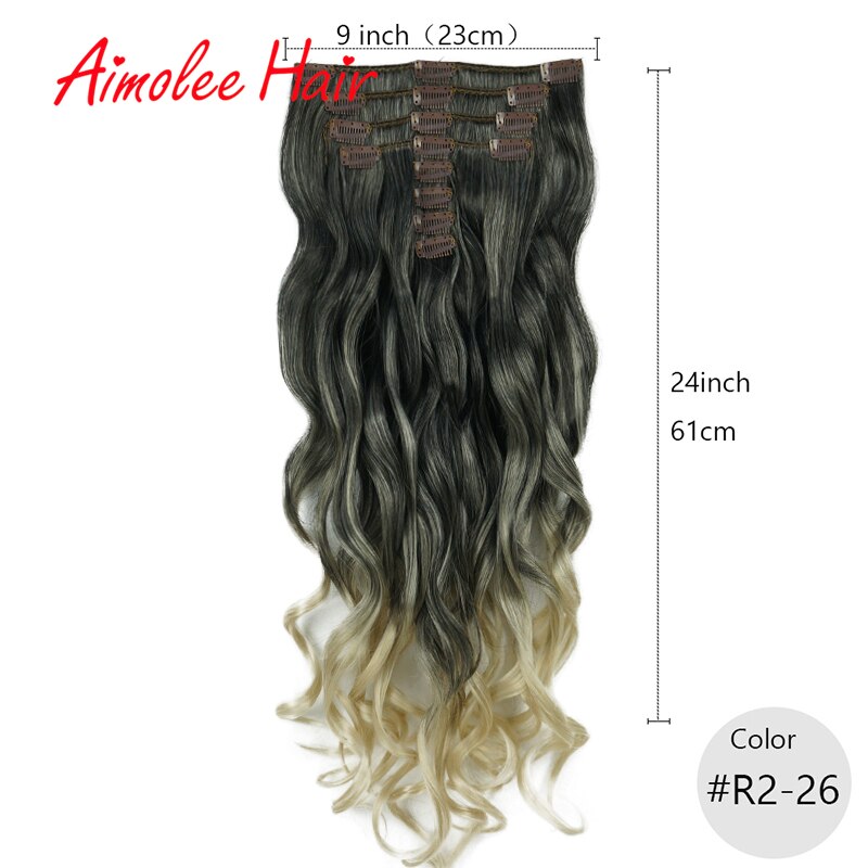 24 pulgadas 8 unids/set Natural largo ondulado rubia rojo destacar sintético postizo de Clip en extensiones de cabello 16 Clip de alta temperatura: R2-26