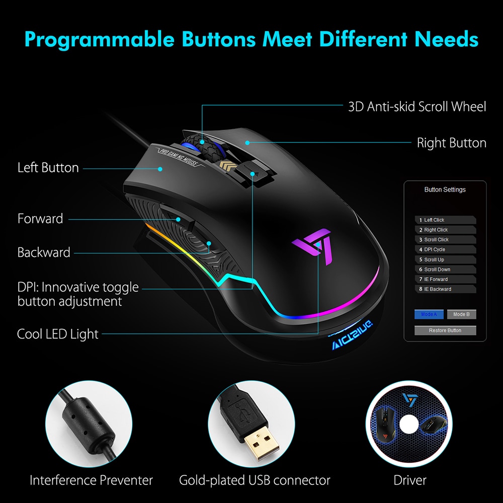 VicTsing PC109 Gaming Mouse Wired PC Gamer Mouse 7250 DPI 6 Buttons Optical Mice Ergonomic With Side Buttons RGB Backlit