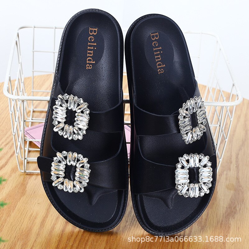 Koovan Women's Rhinestone Slippers Slanted Heel Platform Women Wear Summer Style Slippers PVC Sole: Black / 41