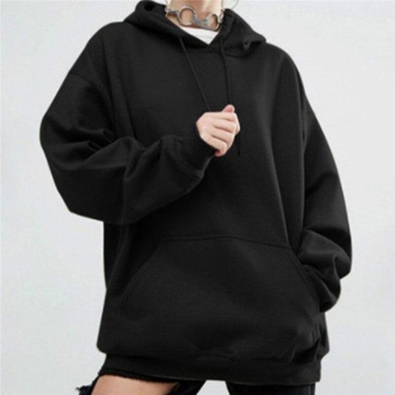Hoodies dam tjockare varm mjuk enkla matchande fickor fritidströjor trendiga sweatshirts för kvinnor: Svart / S