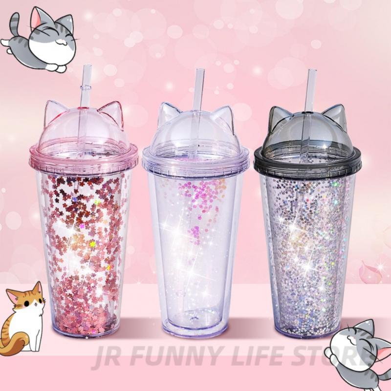 Tasse en plastique Transparent avec oreille de chat, Double couche, 473ml/16oz, tasse d&#39;eau, tasse de paille, tasse à café, gobelet avec paille