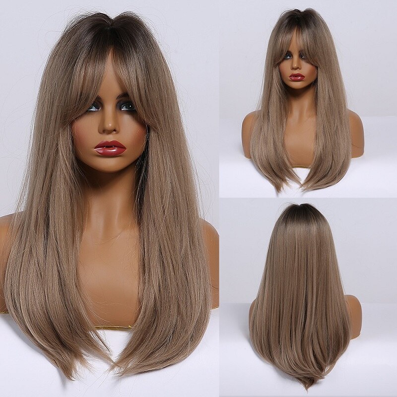 EASIHAIR Long Brown Ombre Straight Wigs with Bangs Synthetic Wigs for Women Daily Natural Hair Wigs Heat Resistant Cute Cosplay: LC260-1