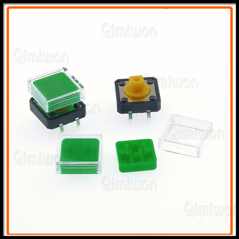 10 Stuks B3f Tactiele Drukknopschakelaar + A14 Kleur Hoed 10 Stuks + Transparante Dop 10 Stuks Kortstondige Tact Touch Microschakelaar 12*12*7.3Mm: green