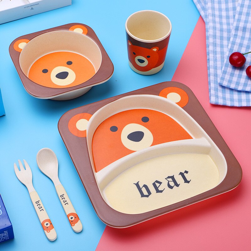 Imebaby5 pièce ensemble bambou vaisselle bambou bol bébé alimentation plaque créative dessin animé enfants bol/tasse/fourchette cuillère coffret: Little bear