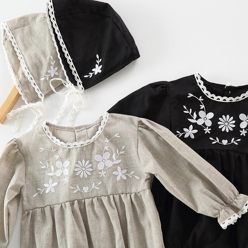 Baby-mädchen herbst langarm-Karosserie mit blumenstickerei, strampler mit mütze, 2- teiliges kleinkinder-einstellen