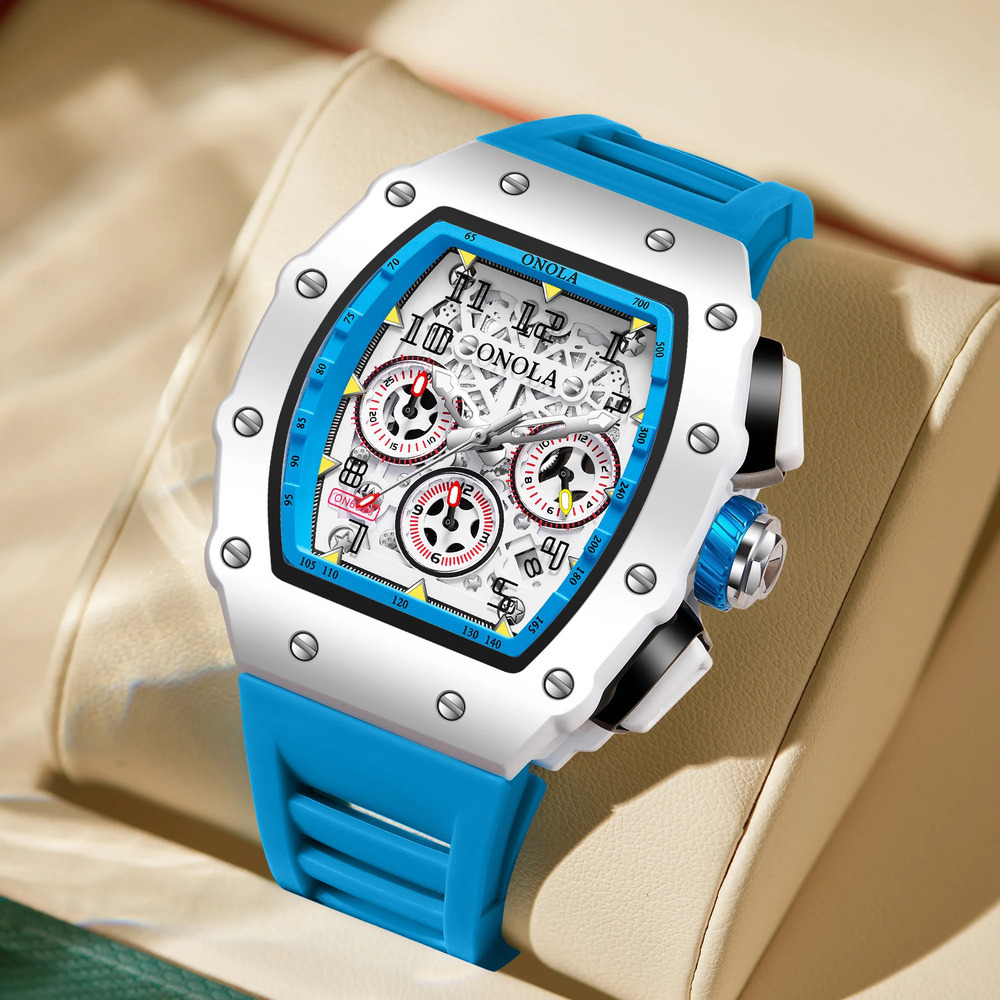 ONOLA Uhren für Herren, modisch, lässig, Tonneau, multifunktional, weiches Silikonarmband, wasserdicht, weiße Quarz-Herrenuhr, Reloj Hombre