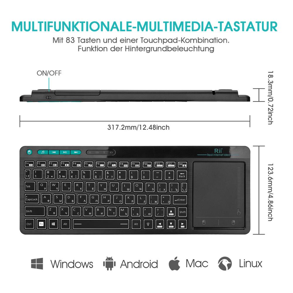 Rii  k18 plus draadloos multimediatoetsenbord (russisch/amerikaans/frans/hebreeuws) met 3- led-kleurenachtergrondverlichting en multitouch voor tv-box en pc