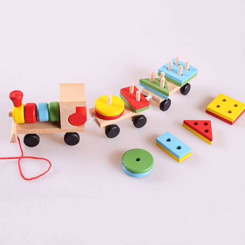 Baby Houten Speelgoed Trailer Stapelen Vorm Geometrie Trein Kleurrijke Congnitive Educatief Blokken Cadeaus Voor Kinderen BM88