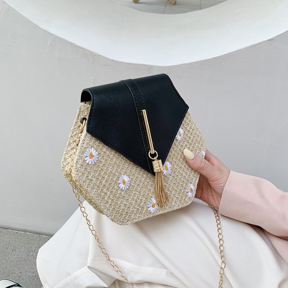 Hexagon mulit stil halm+pu kedja budväskor dam sommar rotting handgjorda vävda strand boho väskor bolso feminina