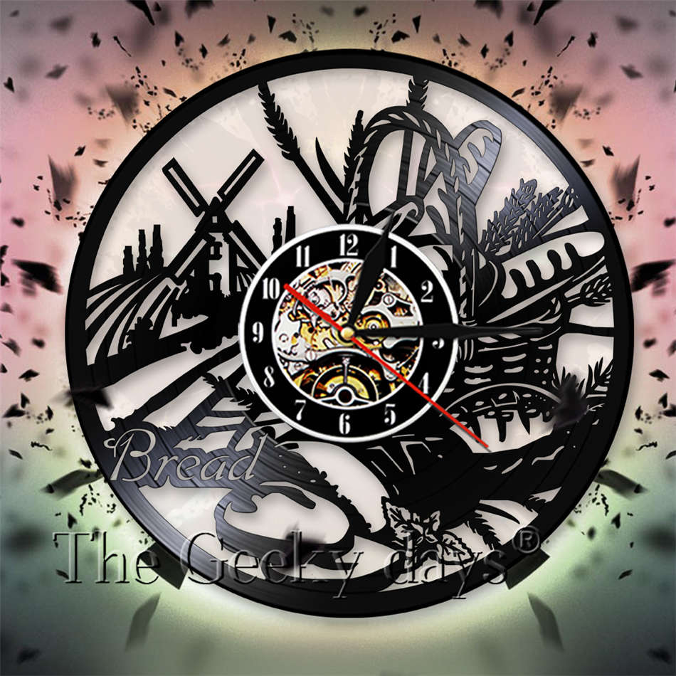 LED Licht Wanduhr Brot Jahrgang Dekorative Uhr Getreide Vinyl aufzeichnen Zauberstab Uhren Uhr Wanduhr Zauberstab Hängen Wohnkultur