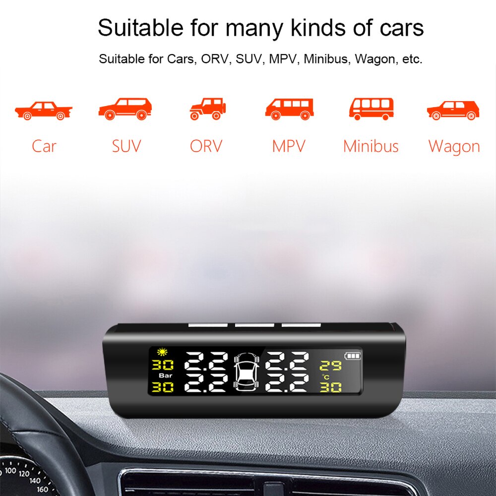 Solar Smart Car Digital Tyre Pressure Monitor System TPMS Tire Security Warning High Temperature Alert External sensors