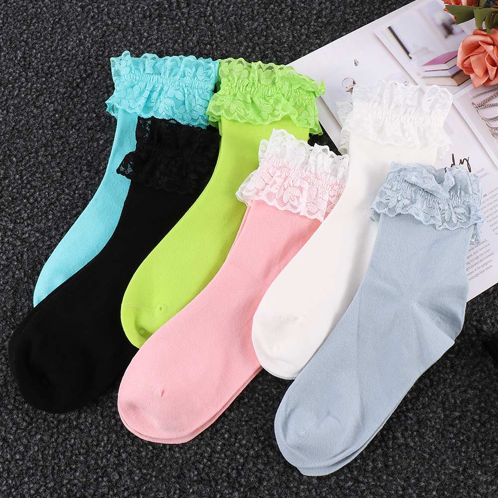 Women Vintage Lace Ruffle Frilly Ankle Socks Ladies Princess Girl Soild Color Cotton Socks 6 Color Available Harajuku