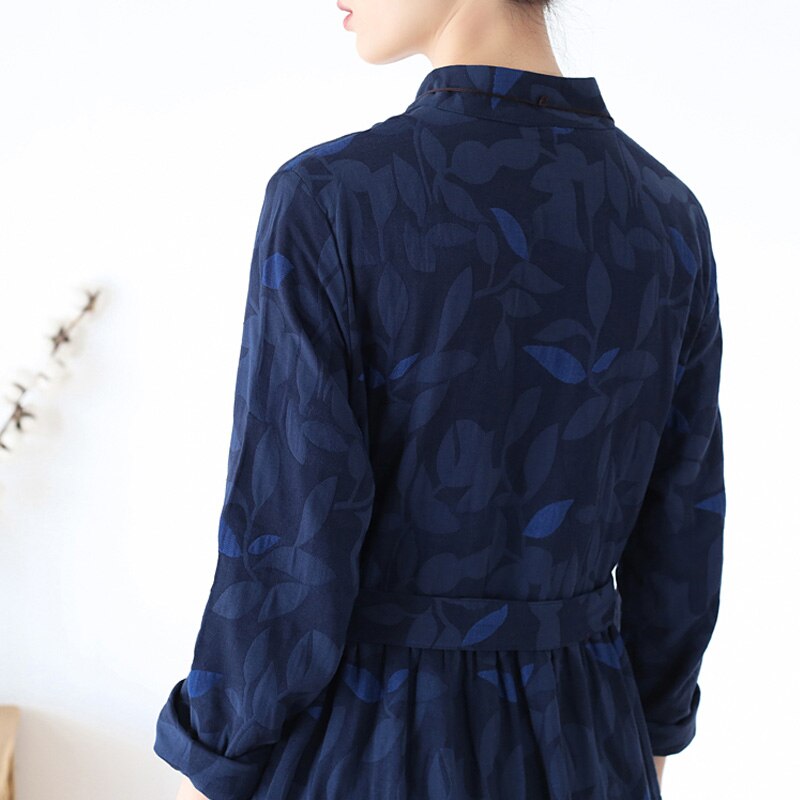 Johnature Jacquard Vintage Jurk Voor Vrouwen Katoen Linnen Chinese Stijl Gewaden Winter Stand Lange Mouwen Print Bloemen Jurk