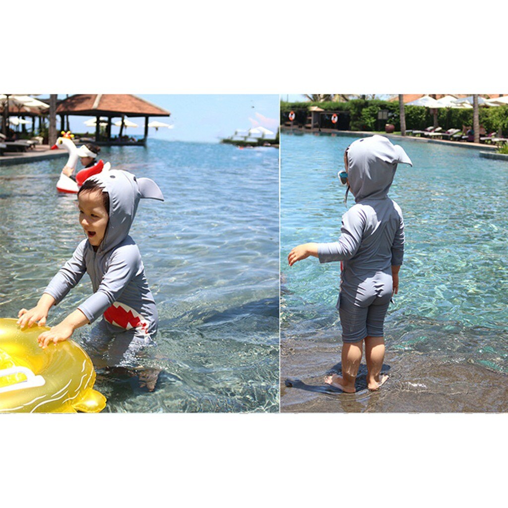 ARLONEET children Kids Long Sleeve Cartoon Shark Hooded Beach One Piece Swimsuit kids swimwears for girls one piece swimwear