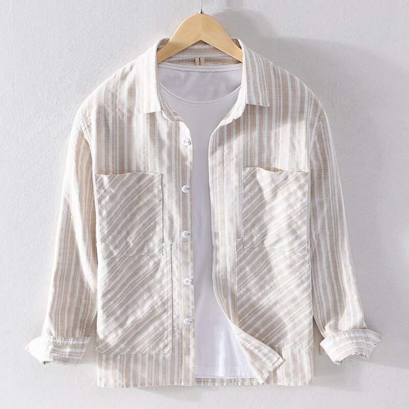 Gestreepte katoenen en linnen merk heren overhemd comfortabele shirts met lange mouwen voor heren trendy gestreept overhemd heren camisa chemise: Beige / Xxxl (aziatische maat)