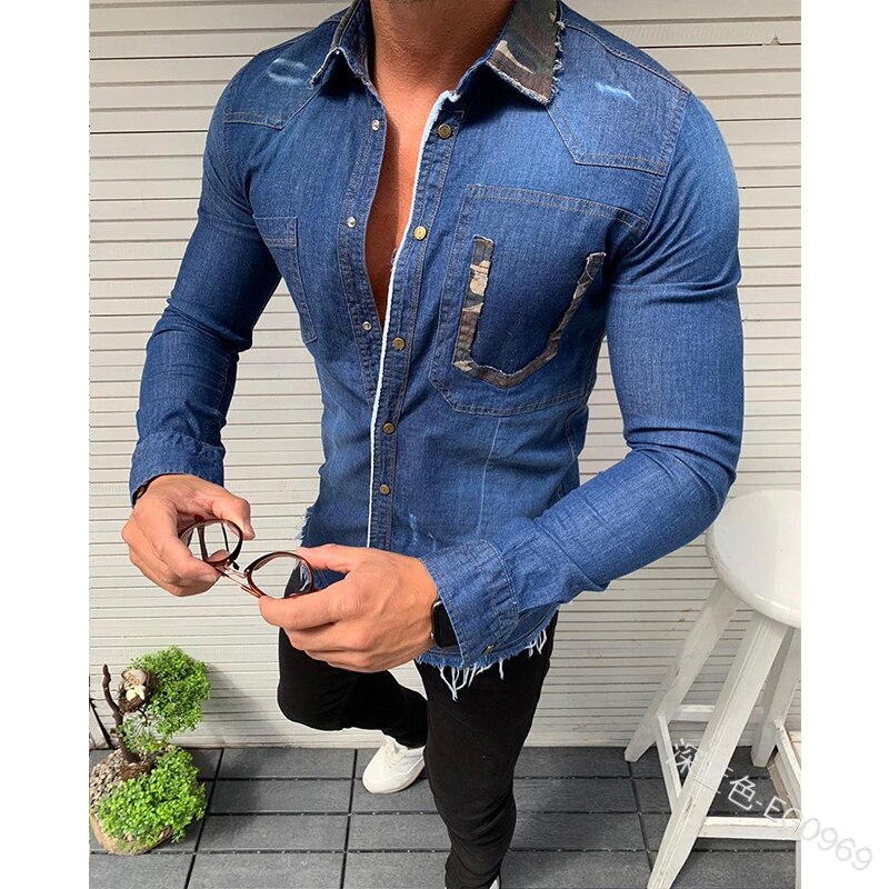 Mandlig vintage denim skjorte efterår herre camouflage sim fit langærmet skjorte rå kant mand hemd skjorte chemise blanche