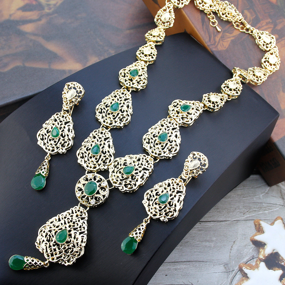 Algerije Marokko Sieraden Sets Lange Oorbel Ketting Set Voor Vrouwen Holle Arabesque Hanger Ketting Goud Kleur Bruid Sieraden