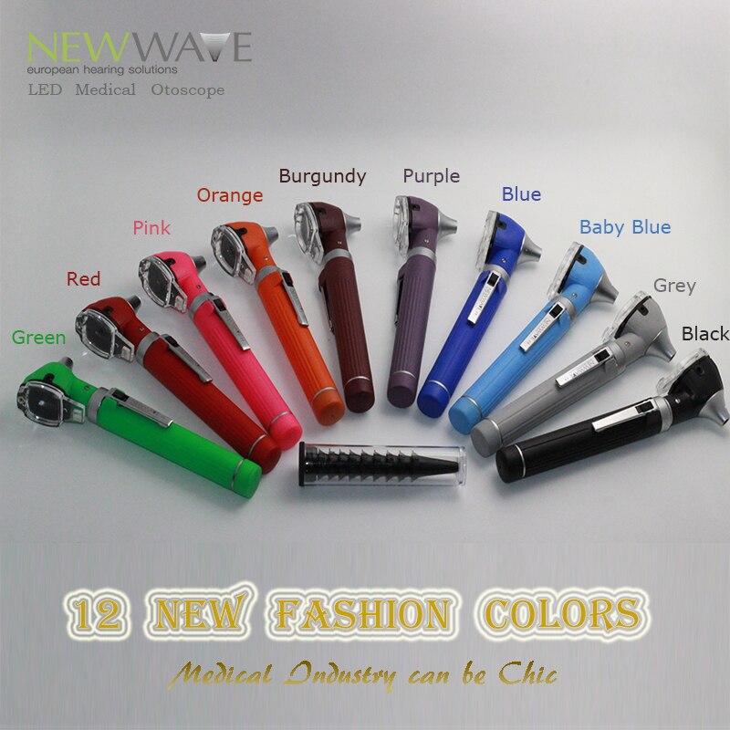 ENT 12 colores PRO-Fiber optic L.E.D portátil Otoscopio auriscope Cuidado del oído kit de diagnóstico + estuche protector CE