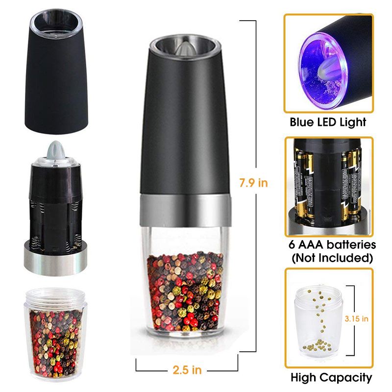 Elektrisk salt- og pepperkvern i rustfritt stål pepper- og saltkvern med blått ledet-lys, perfekt til forskjellig tilberedt matte