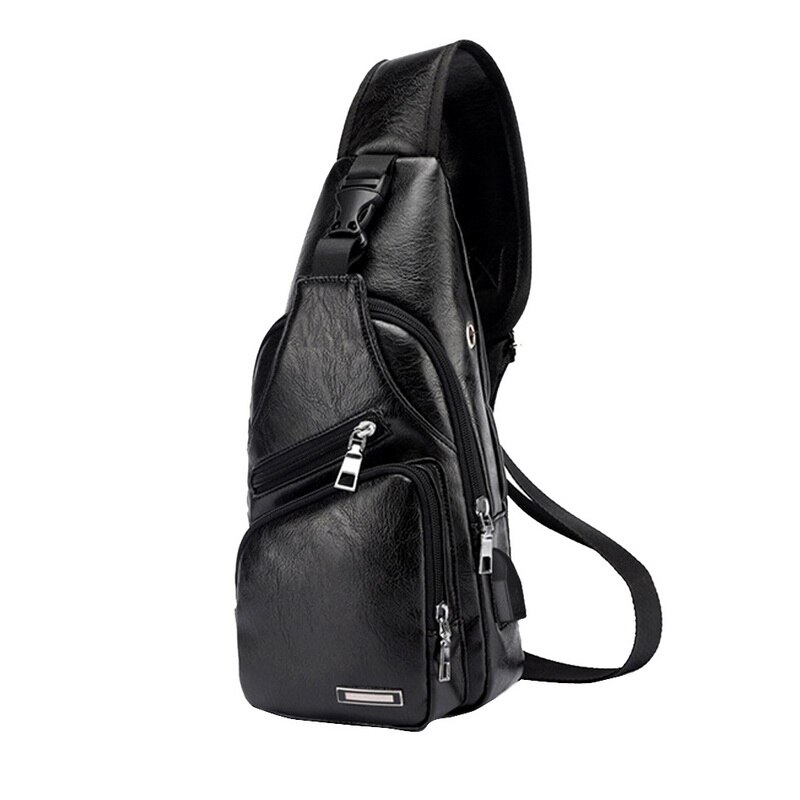 Men's Chest Bag Men Leather Chest USB Backbag With Headphone Hole Travel Organizer Male Bag: black 16x10x34cm