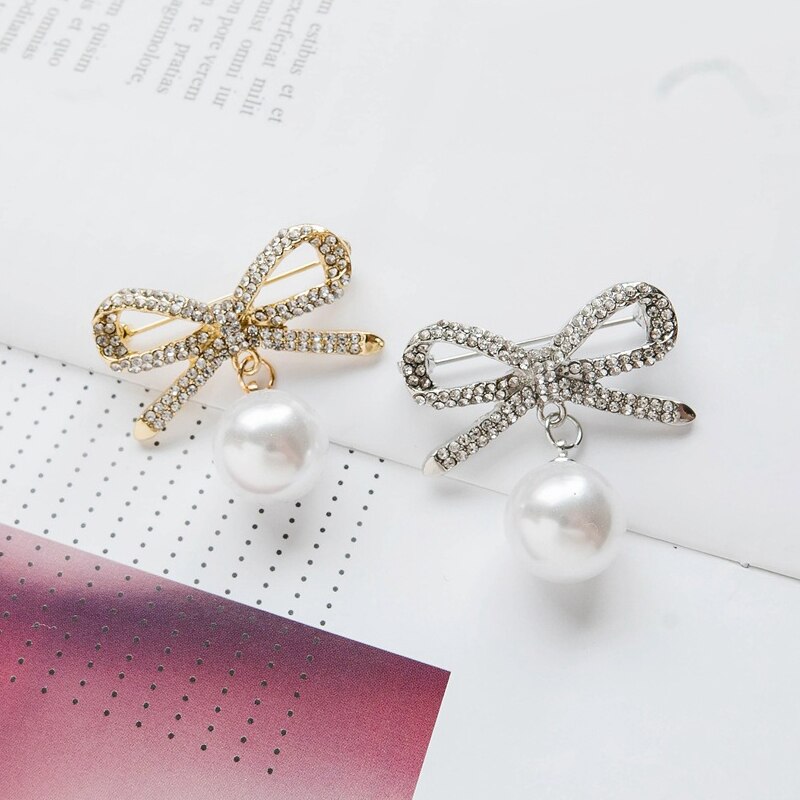 Simple Pearl Bow Brooch Safety Lapel Pins and Brooches Scarf Buckle Needle Corsage Clothing Women Accessories