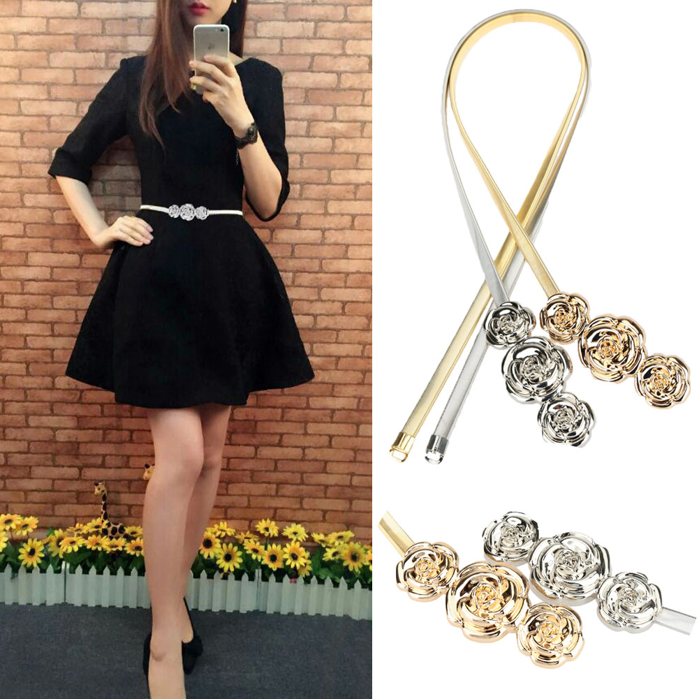 schick Frauen Metall Gürtel Rose Verschluss Vorne strecken Frühling Taille Gurt Elastische Bund Gürtel Für Kleid Bluse Gold/ silber