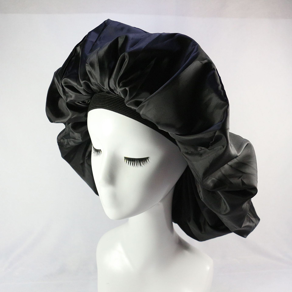 Extra Large Double Elastic Nightcap Silk and Satin Sleeping Nightcap Hair Organizing Hat (Black)