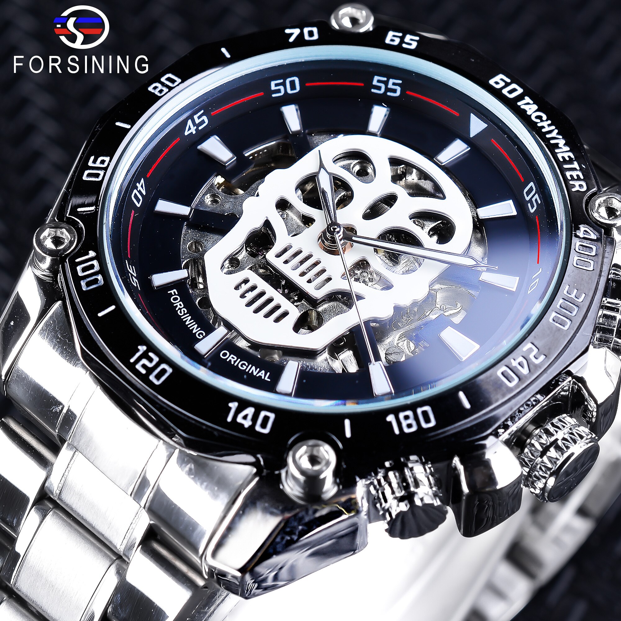 Forsining Zilveren Klok Schedel Lichtgevende mannen Automatische Horloges Top Luxe Mechanisch Skeleton Horloges Mannelijke