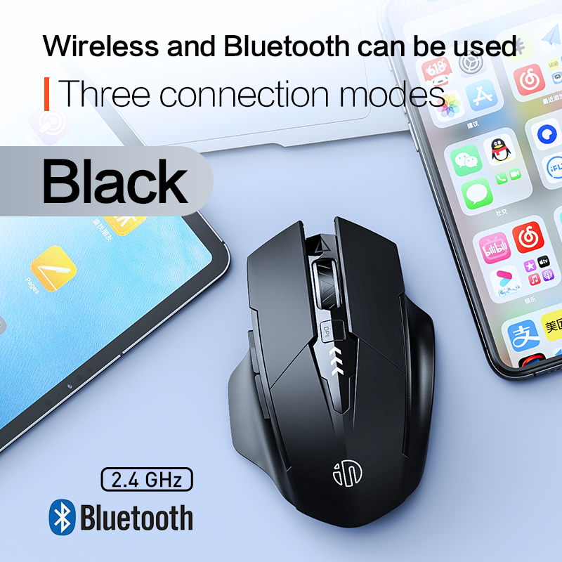 INPHIC A9 draadloze Bluetooth stille muis, DPI-instelbaar op vijf niveaus, muis met drie modi, geschikt voor een verscheidenheid aan computers: Black