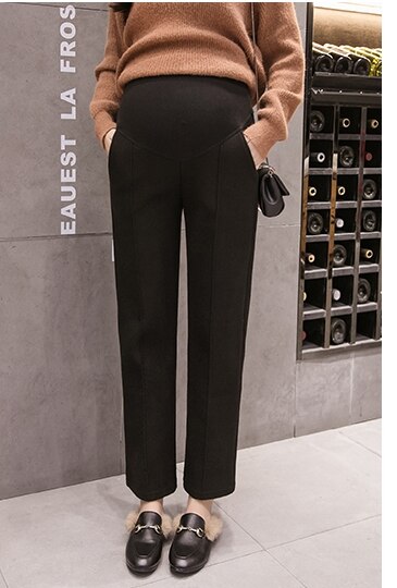 Moederschap broek herfst en winter mode stijl dragen wide-leg broek winter wollen suiting buik warme broek: Black / L