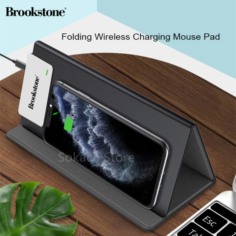 Brookstone folding wireless charging mouse pad, mobile phone holder suitable for mobile phone and mouse, mobile power bank