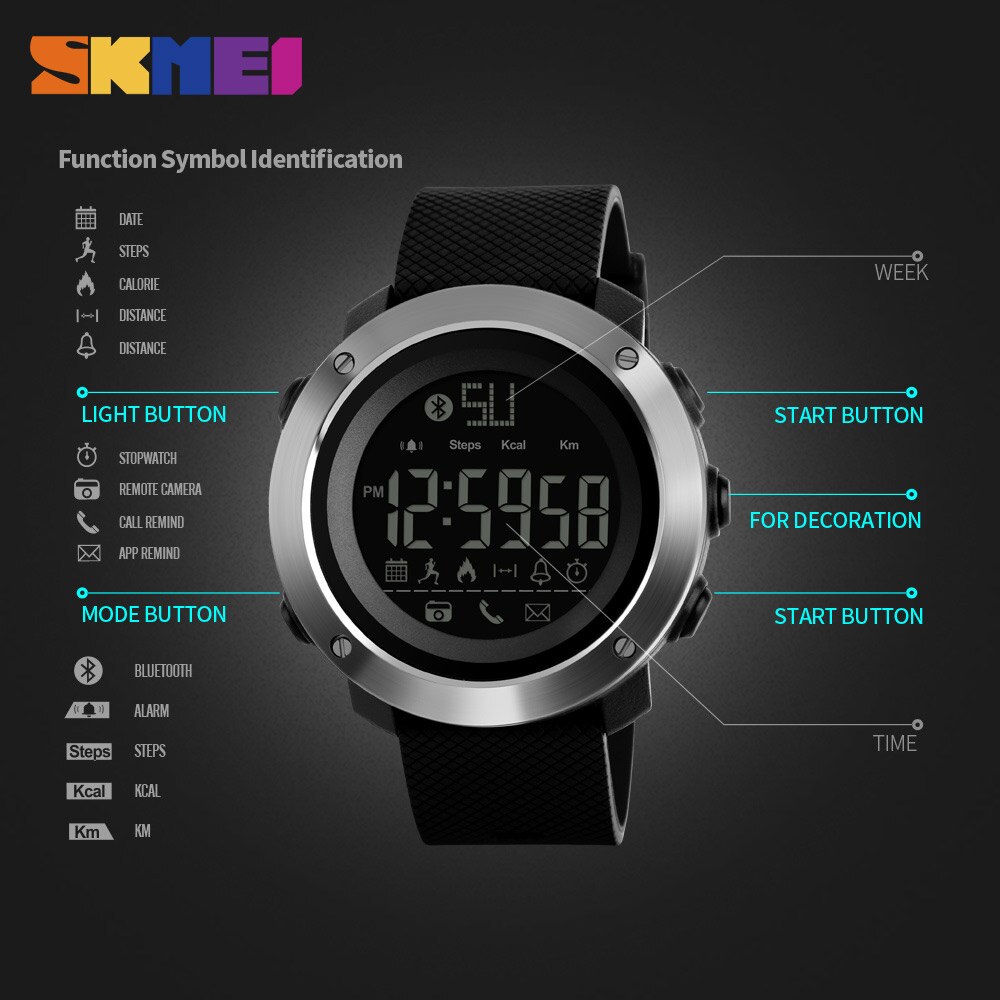 Skmei herenhorloges sport calorie-oproep herinnering bluetooth afstandsbediening camera waterdichte polsband sport polshorloge zegarki