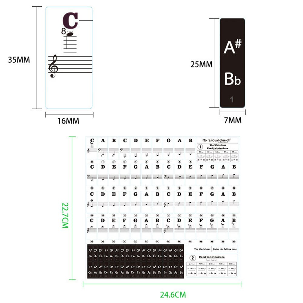 33/49/54/61/88 color Transparent Piano Keyboard Stickers Electronic Keyboard Key Piano Stave Note Sticker Symbol for White Keys