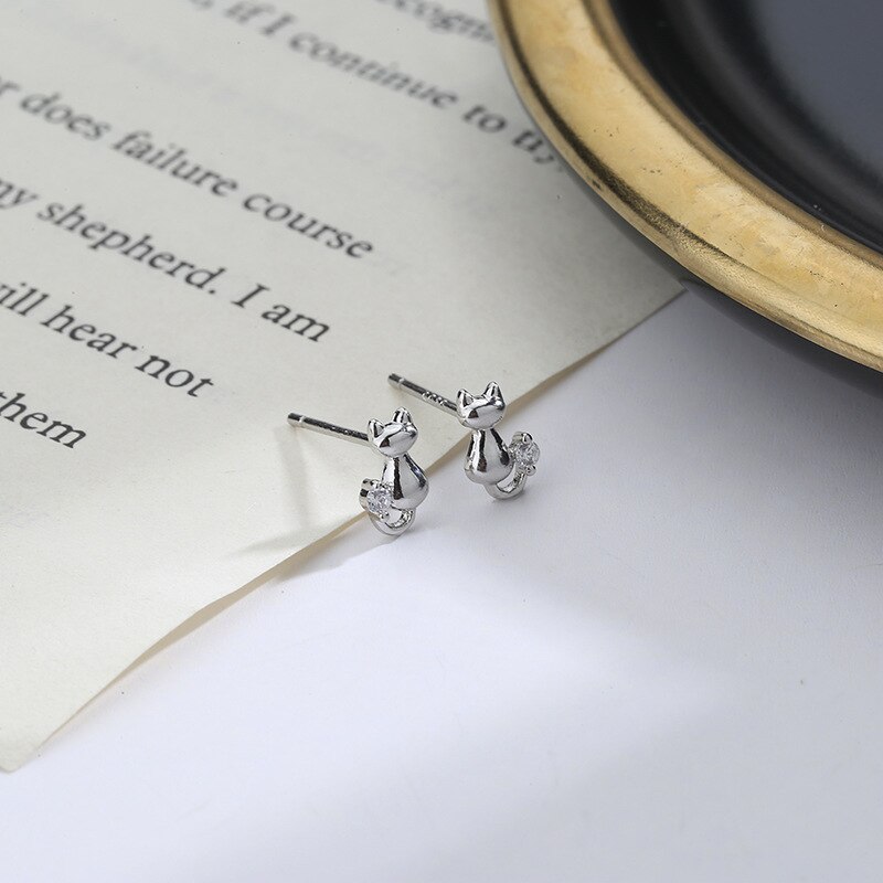 Pendientes de gatito de cristal brillante para mujer y niña, aretes de gato de acero inoxidable, accesorios de joyería, ,: 4