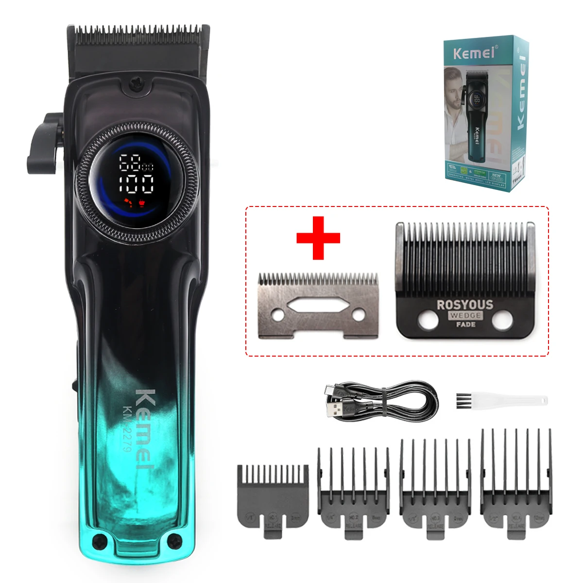 Kemei KM-2279 Hair Clipper for Men LCD Display Low Noise Cordless USB Interface Hair Cutting Machine Hair Trimmer